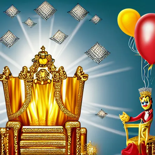 Prompt: cartoon of a shining majestic throne made of millions of diamonds, gold and zaphires with thousands of light reflections, and a clown on a tuxedo suit is sitting on the throne while handing a golden balloon, dramatic light