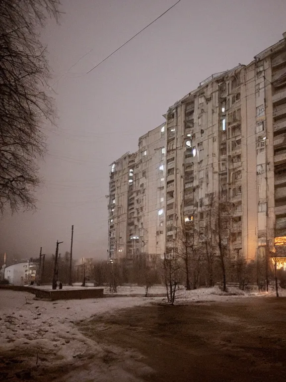 Prompt: film still of low soviet residential building in russian suburbs, lights are on in the windows, deep night, post - soviet courtyard, cozy atmosphere, winter, heavy snowб light fog, street lamps with orange light, several birches nearby, several elderly people stand at the entrance to the building