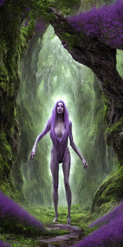 Image similar to an extraordinarily tall human mother nature with lavender hair, surrounded by a green forrest, moody , lovecraft, giger, ridley scott, zack snyder, Fenghua Zhong, realistic cinematic lighting, establishing action shot, ultra detailed, hyper realism, photo, octane render.