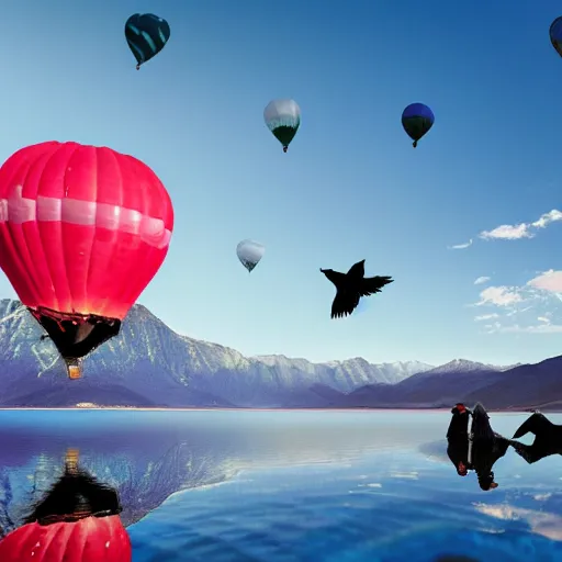 Image similar to photo of two black swans touching heads in a beautiful reflective mountain lake, a colorful hot air balloon is flying above reflecting off water, hot air balloon, intricate, 8k highly professionally detailed, centered, HDR, CGsociety