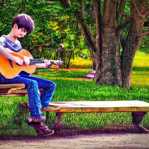 Image similar to a boy sitting on a bench in the park writing in his notebook, a guitar is next to him on his bench, digital art