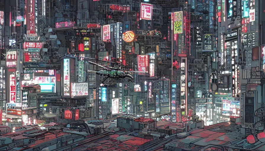 Image similar to Wide angle Concept Art of neo-Tokyo Maximum Security Mint Bank, in the Style of Akira, Anime, Dystopian, Cyberpunk, Crypto Valut, Helicopter Drones, 19XX