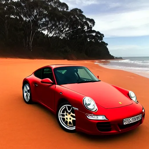 Prompt: porsche 9 1 1, beautiful australian beach, red sand, waves. dust. stars