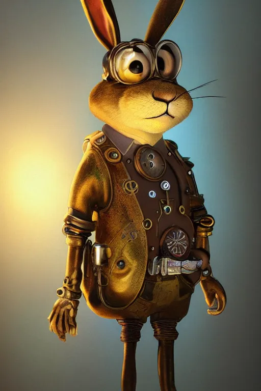 Image similar to ultra realist soft painting of a single steampunk Pixar rabbit , very intricate details, golden ratio, volumetric rainbow lighting, reflections, refractions, symmetry accurate anatomy features, fantasy background, unreal render