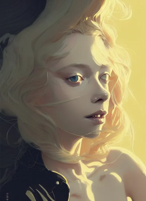 Image similar to highly detailed closeup portrait of beautiful portia doubleday, blonde wavy hair, angela moss, white suit by atey ghailan, by greg rutkowski, by greg tocchini, by james gilleard, by joe fenton, by kaethe butcher, gradient yellow, black and white color scheme, grunge aesthetic!!! ( ( graffiti tag wall background ) )