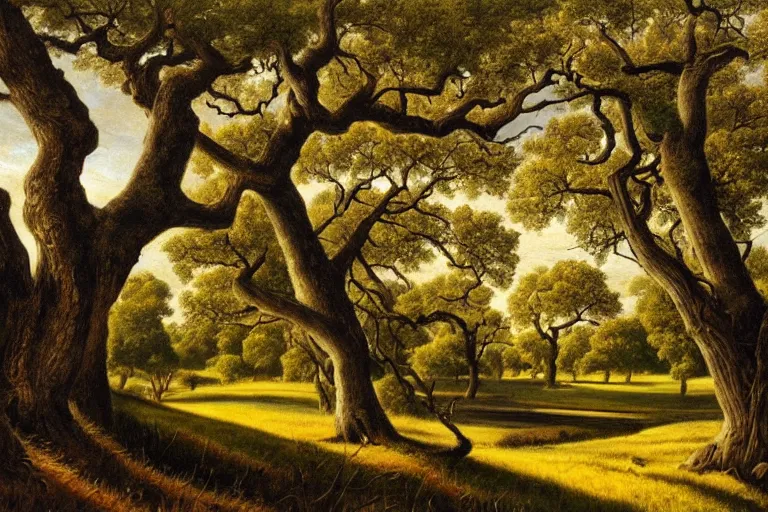 Prompt: masterpiece painting of oak trees on a hillside overlooking a creek, dramatic lighting, by edwin holgate