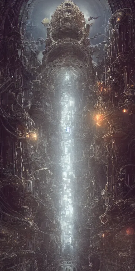 Prompt: a pillar to the sky hindu temple, eyes, scifi, futuristic, utopian, machine parts, body parts, wires, circuits, highly detailed, octane render, cinematic, ayami kojima, karol bak, greg hildebrandt, and mark brooks, hauntingly surreal, gothic, highly detailed and intricate, rich deep colors.