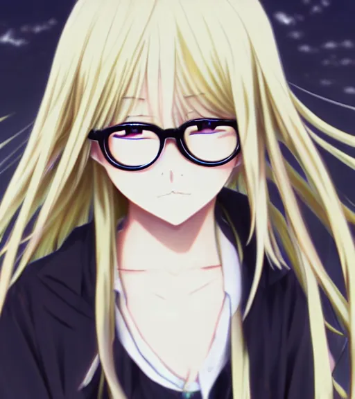 Prompt: beautiful detailed anime screenshot of a girl with very long blonde hair and a full fringe, wearing large thin-rimmed round glasses, wearing modern gothic clothes, trending anime art, aesthetic award winning anime, 4K, pretty anime character design