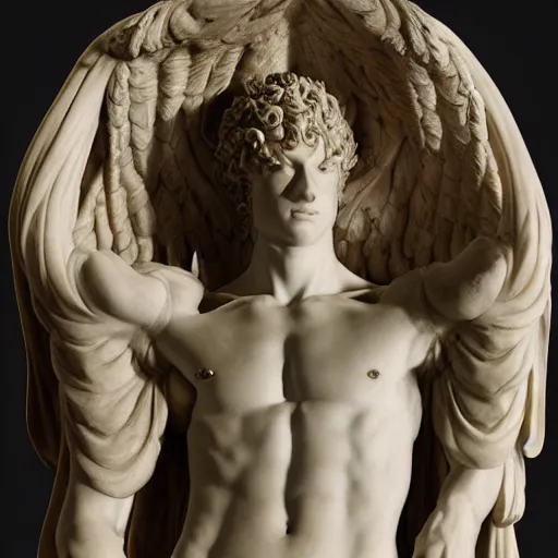 Prompt: a renaissance marble sculpture of Lucifer highly aroused and arching back, perfect handsome face, highly detailed transparent marble cloth, gi, global illumination, physically based rendering, photorealistic, top light, dark background