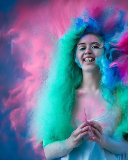 Prompt: a dramatic lighting photo of a smiling beautiful young woman with cotton candy hair. paint splashes. with a little bit of cyan and pink