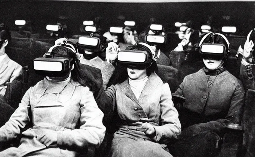 Prompt: 1 9 0 0 s photo of people wearing virtual reality headsets vr in a movie theater masterpiece