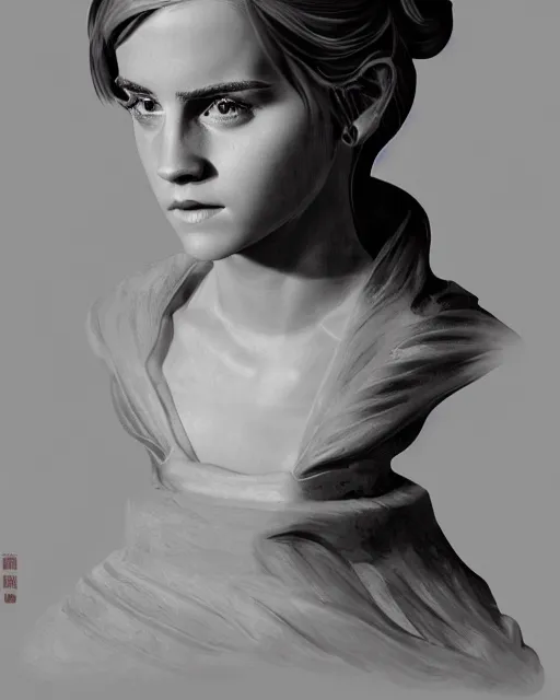 Prompt: detailed digital illustration of a emma watson bust, chinese artwork, soft brushstrokes, subsurface scattering, warm lighting