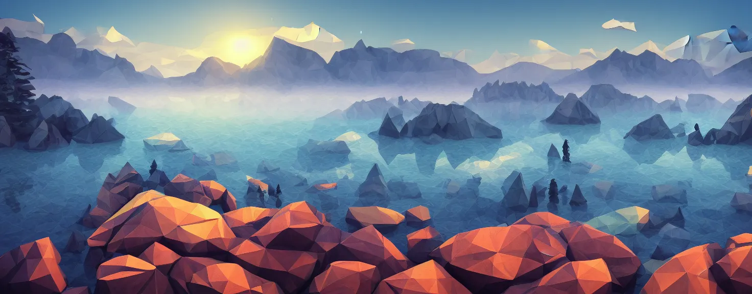 Prompt: super detailed color lowpoly art, northern sunset with rocks on front, blured monochromic lake in the middle of perspective and foggy mountains at background, graphic reindeers in random points, unreal engine, gothic rich deep colors, molotow premium pastel color palette, imperial boy, 3d render, lowpoly, colorful, digital art