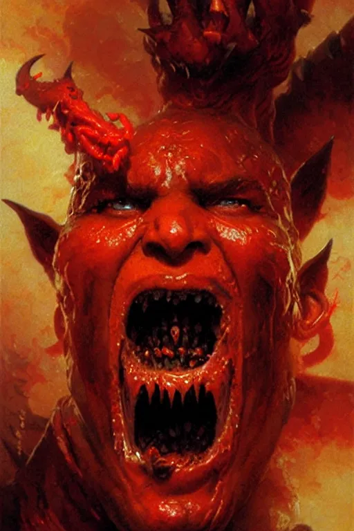 Image similar to red skinned hell demon screaming with joy eating baked beans portrait dnd, painting by gaston bussiere, craig mullins, greg rutkowski, yoji shinkawa