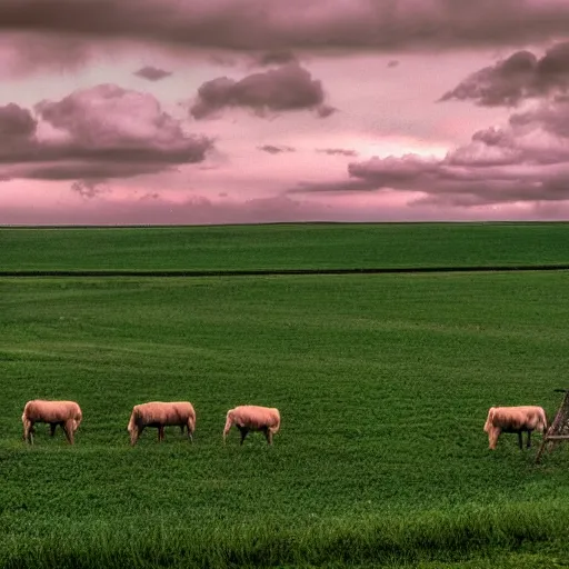 Image similar to a non-euclidian world. a farm with a pasture wraps around the sky