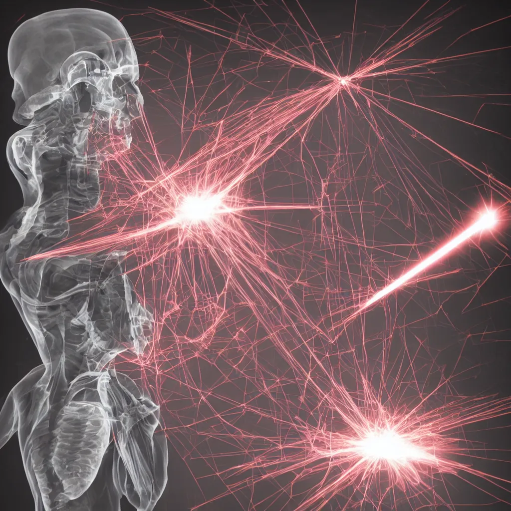 Prompt: X-ray of a man being shot through the head by a laser beam