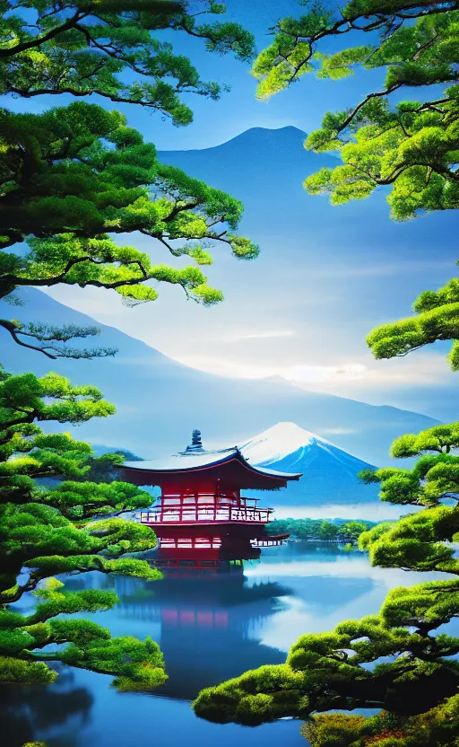 Image similar to japanese inspired poster, beautiful japanese architecture and nature, japanese beautiful aesthetic, photorealistic, lake, light rays theough the trees, 8 k image