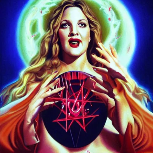 Prompt: a hyperrealistic painting of drew barrymore performing a satanic ritual by Jason Edmiston,