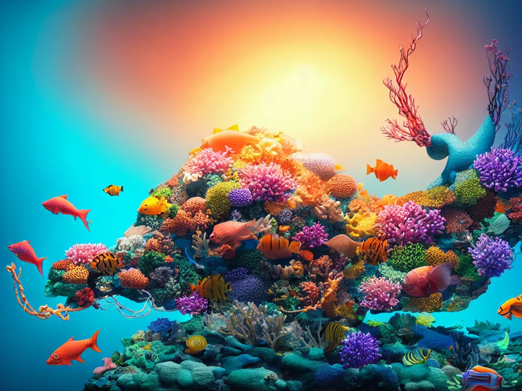 Image similar to a sculpture of fish ocean intertwined, diode lighting, a lovely cornucopia of flowers and human body parts, body parts, highly detailed, octane render, cinematic, sharp focus, clean, studio lighting, sunset, great barrier reef, on sea level