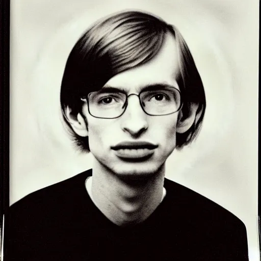 Image similar to Mugshot Portrait of Young Stephen Hawking, taken in the 1970s, photo taken on a 1970s polaroid camera, grainy, real life, hyperrealistic, ultra realistic, realistic, highly detailed, epic, HD quality, 8k resolution, body and headshot, film still, front facing, front view, headshot and bodyshot, detailed face, very detailed face