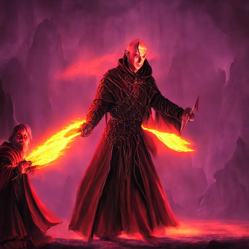 Image similar to a WOTC DnD archmage wizard, spellcasting fire magic spell, sinister dungeon scene, high contrast, cinematic ambient lighting, fantasy LOTR matte painting illustration