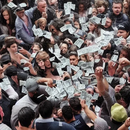 Image similar to Raining $100 bills, crowd fighting over money