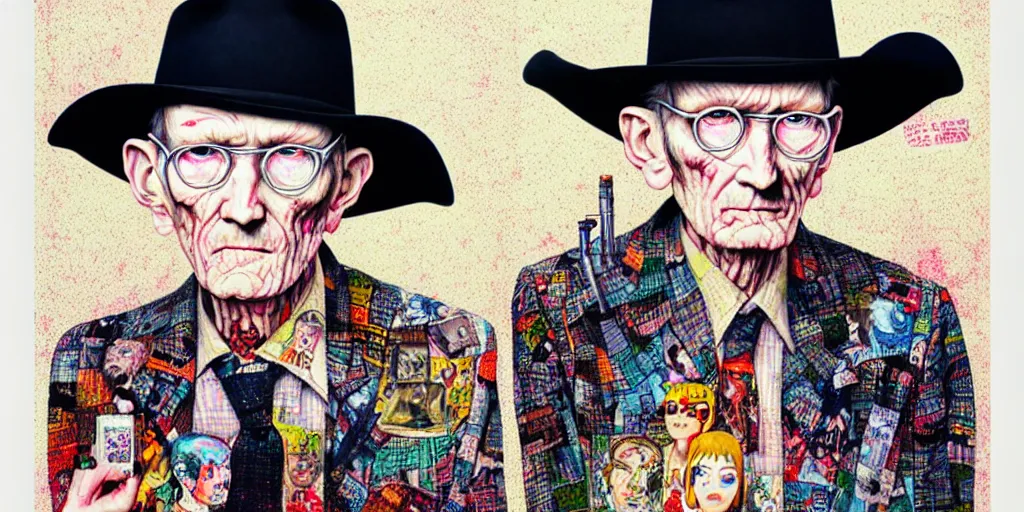 Prompt: full view of william s burroughs, wearing a cowboy hat, style of yoshii chie and hikari shimoda and martine johanna, highly detailed