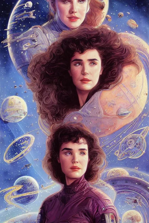 Image similar to young Jennifer Connelly as a ruggedly beautiful retro SCI-FI space heroine 1985 , movie poster, intricate, elegant, highly detailed, centered, digital painting, artstation, concept art, smooth, sharp focus, illustration, art by artgerm and donato giancola and Joseph Christian Leyendecker, Ross Tran, WLOP