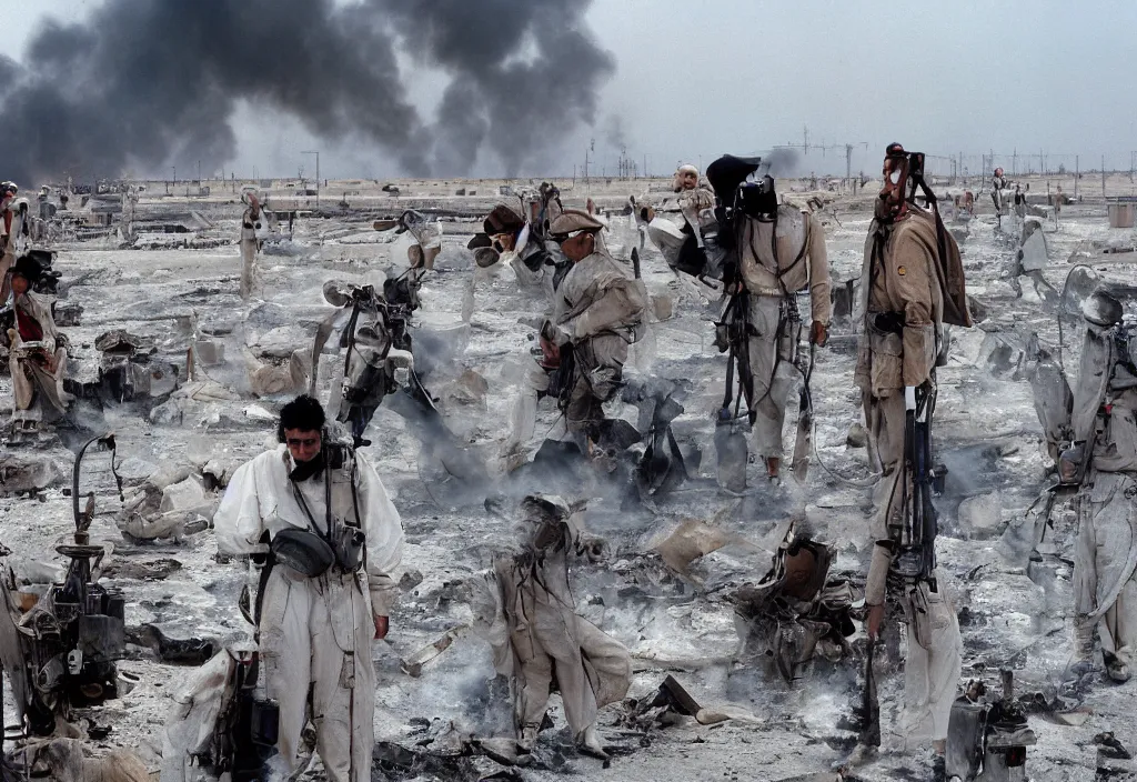 Prompt: fashion editorial in Kuwait oil fields fire. 1991. wide angle shot. highly detailed. depth of field. high definition. 8k. photography.