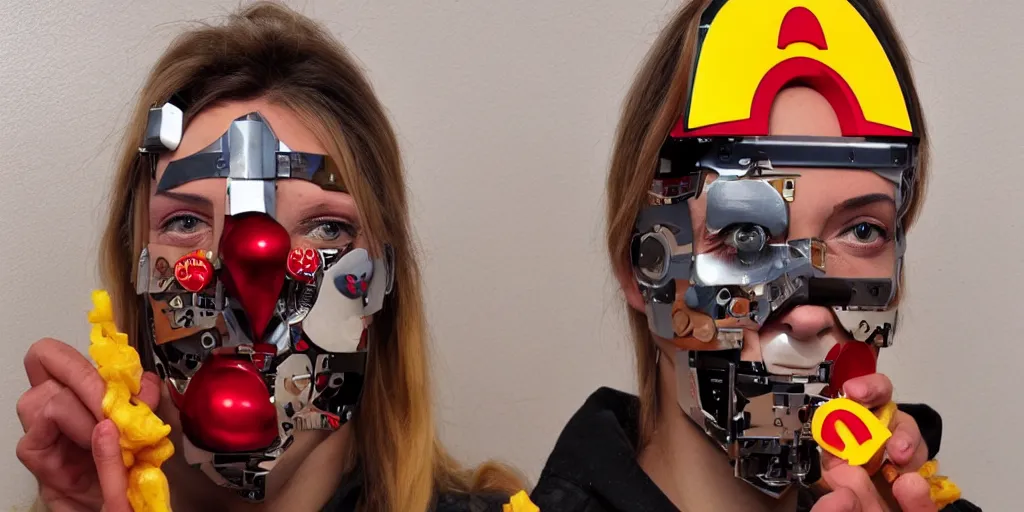 Prompt: a beautiful cyborg made of ceremonial mcdonalds maske