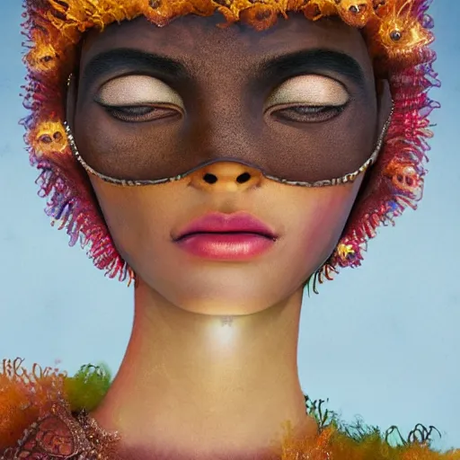 Prompt: a close - up shot of a brown woman wearing a luminous armor made of neon jelly fishes. layered. textured. extremely soft lighting. fragile. haunting eyes!! coherent face!! no makeup!! muted colors. by ray caesar. by louise dahl - wolfe. by andrea kowch. surreal photography