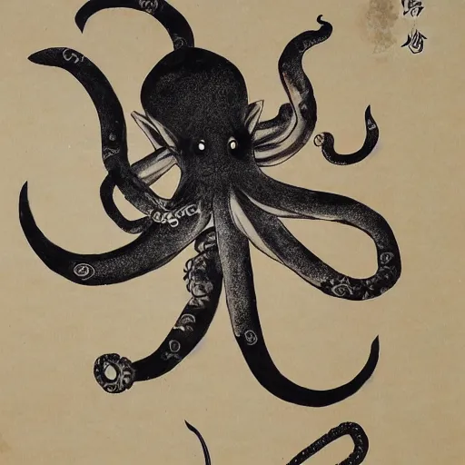 Image similar to a pig - octopus, calligraphy, ink on japanese rice paper