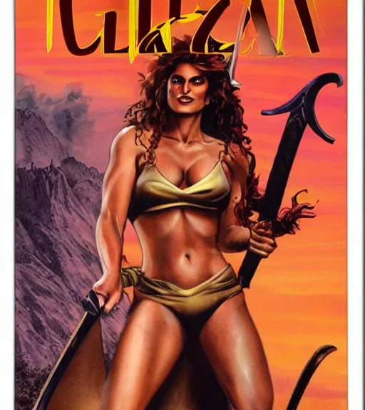 Prompt: 1 9 8 0 s fantasy novel book cover, amazonian eva mendes in extremely tight bikini armor wielding a cartoonishly large sword, exaggerated body features, dark and smoky background, low quality print