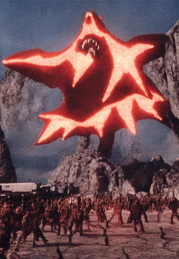 Image similar to Pulgasari the North Korean monster, volumetric lighting, filmstill, produced by Kim Jong-il, Kodachrome, kaiju-eiga, starfish monster movie, communist propaganda, film noir, 35mm film grain, Cooke Varotal 20-100mm T3.1