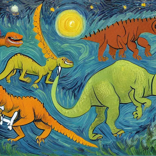 Prompt: painting of the extinction of the dinosaurs, in the style of vincent van gogh