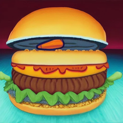 Image similar to a shiba inu dog inside a magical hamburger revealing your fate, oil painting