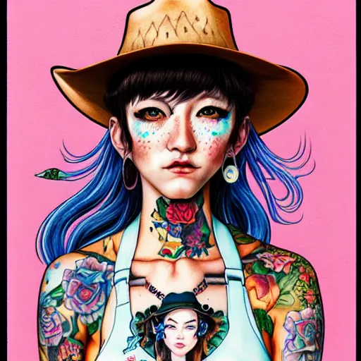 Prompt: full view of cowgirl with tattoos, wearing a cowboy hat, style of yoshii chie and hikari shimoda and martine johanna, highly detailed