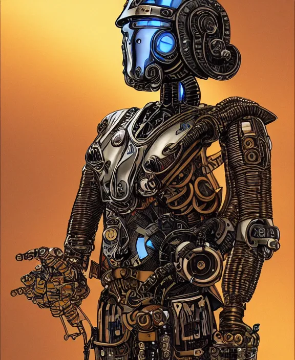 Image similar to a portrait of a cybernetic warrior with steampunk armour and a futuristic helmet with a cybernetic visor by Moebius, 4k resolution, photorealistic