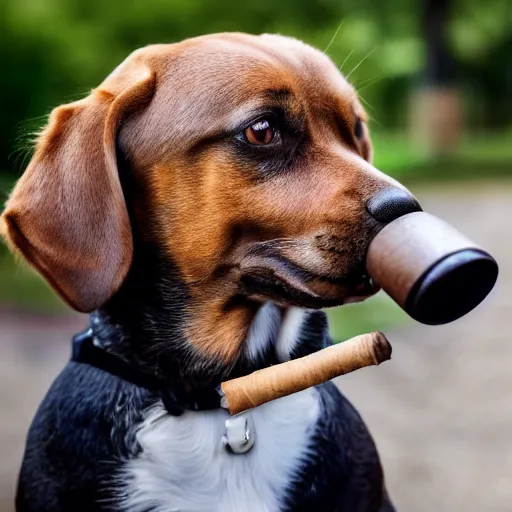 Image similar to a photo of a dog in a park with a small cigar in his mouth