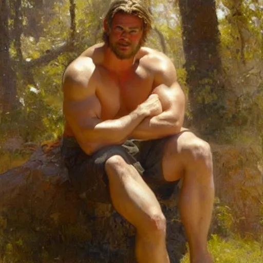 Image similar to Chris Hemsworth with a flabby body type, painting by Gaston Bussiere, Craig Mullins