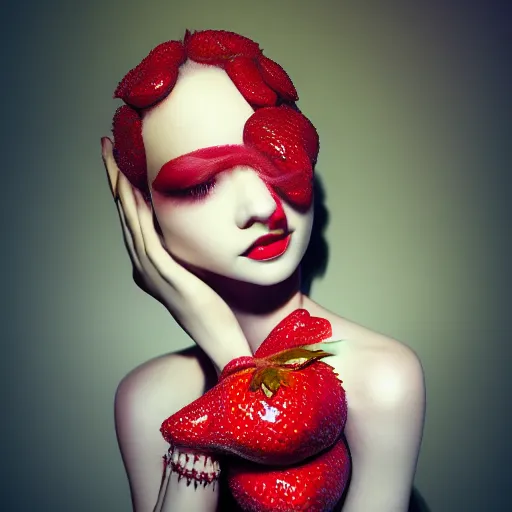 Image similar to strawberry inspired avant-garde art, deco fashion, highly detailed, photorealistic portrait, bright studio setting, studio lighting, crisp quality and light reflections, unreal engine 5 quality render