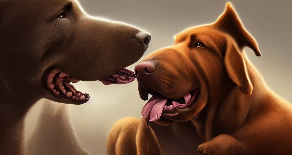 Image similar to a digital painting of a standoff between a very large dog facing a tiny dog, wide open drolling mouth, hyperealism, award winning, stunning, trending on art station, highly detailed, cinematic lighting, 8 k, hd