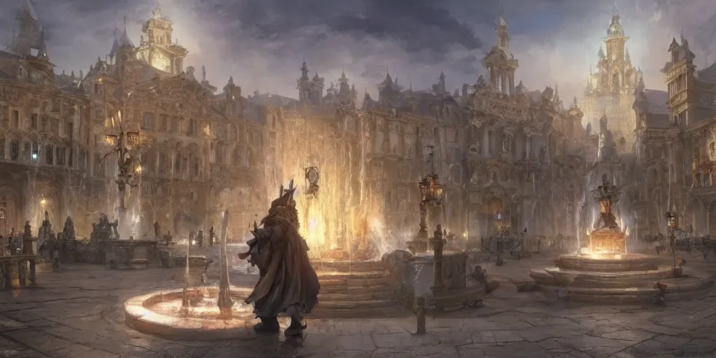 Image similar to fountains in the town square of the baroque era, magical clerics, staffs, books, choir, hearthstone art style, epic fantasy style art by Craig Mullins, fantasy epic digital art, epic fantasy card game art by Greg Rutkowski