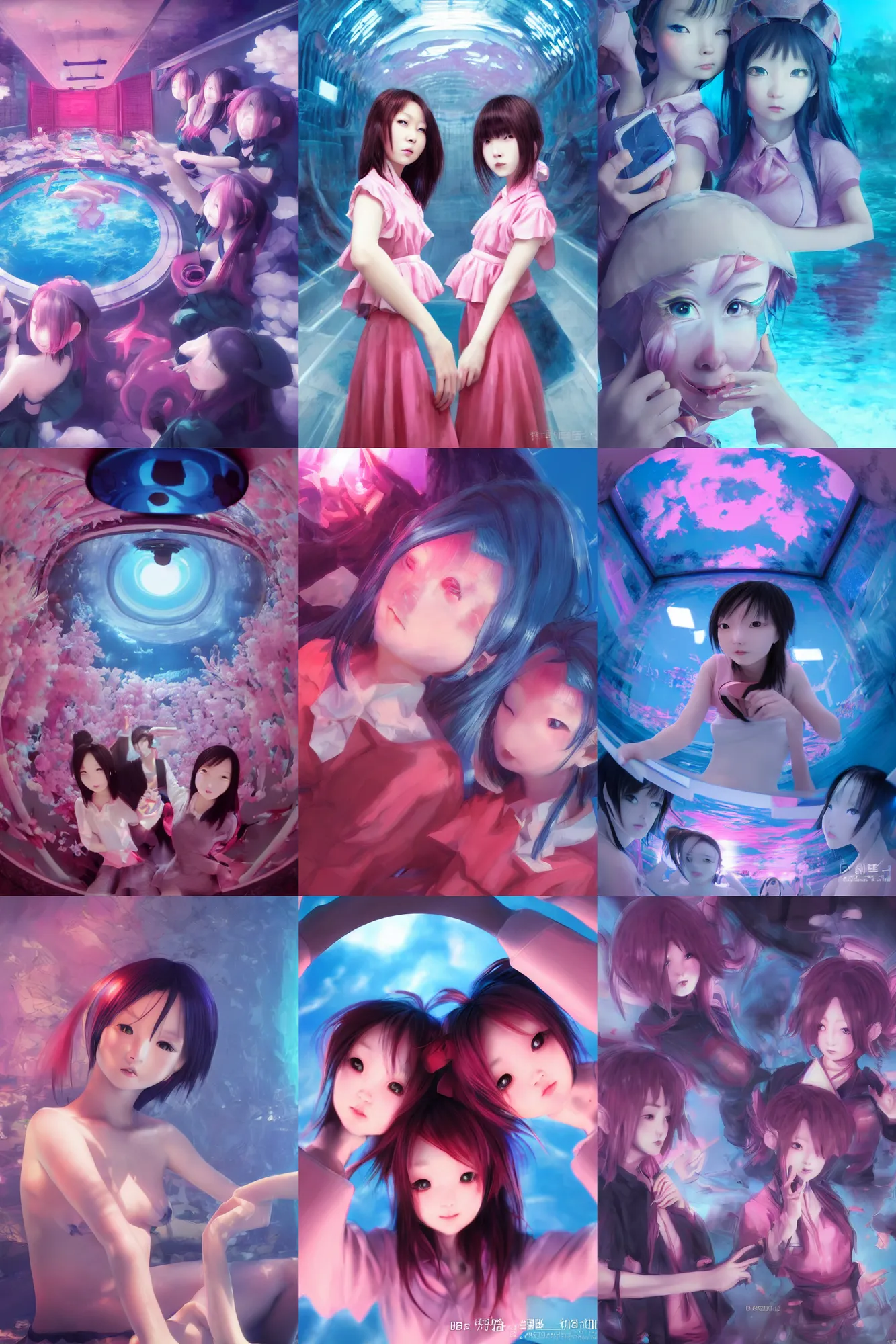 Prompt: 3d dark infrared octane render concept art by D. Jun, by Mo Xiang Tong Xiu, by Igarashi Daisuke, beauty portrait anime schoolgirls under dark pink and blue water. cute face. complex mirror room. selfie on fisheye lens. dramatic light, trending on artstation.