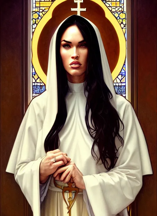 Image similar to portrait of megan fox as a nun, catholic, church, bible, christian, intrigante, headshot, highly detailed, digital painting, artstation, concept art, sharp focus, cinematic lighting, illustration, art by artgerm and greg rutkowski, alphonse mucha, cgsociety