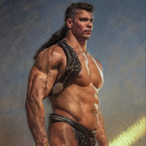 Image similar to handsome portrait of a spartan guy bodybuilder posing, war hero, wrestling singlet, radiant light, caustics, by gaston bussiere, bayard wu, greg rutkowski, giger, maxim verehin