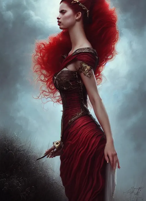 Prompt: a beautiful woman with baroque dress, red hair, adriana lima, painted by artgerm and tom bagshaw, fantasy art, dramatic lighting, highly detailed oil painting