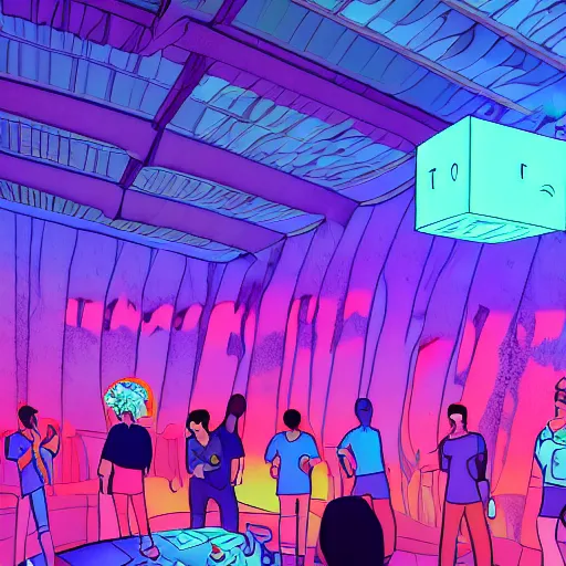 Image similar to cartoon, vaporwave, people communicating with each other in groups of ten, a large hall, dim painterly lighting volumetric aquatics, disco party