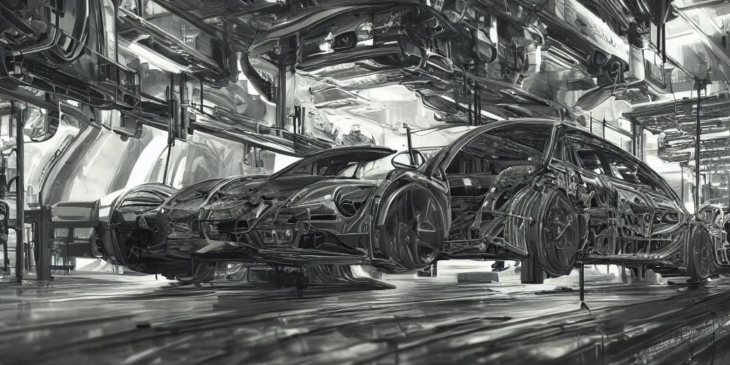 Image similar to 3 d concept art, carbon fiber automobile production line of hydrogen power energy, science fiction, beautiful, cinematic lighting, intricate details, octane rendering, trending on artstation, featured on behance.