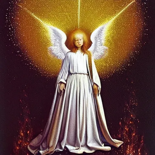 Image similar to highdetailed hyperrealistic of white angel in the hood!!! giant ball of miracle light from the chest!!!!!, white sparkles everywhere, lot of fire and stars overhead!!!, by jan van eyck, holography space, glow effect, large strokes, clean lines, white mono color, oil painting